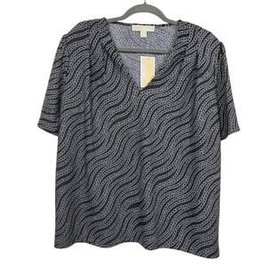 Michael Kors Chain Print Top Women Size PXL Black Silver Short Sleeve NEW